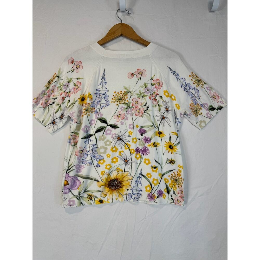 Talbots Cream Floral‎ Print Short Sleeve Knit Sweater Large Spring Wild Flowers - Picture 3 of 5